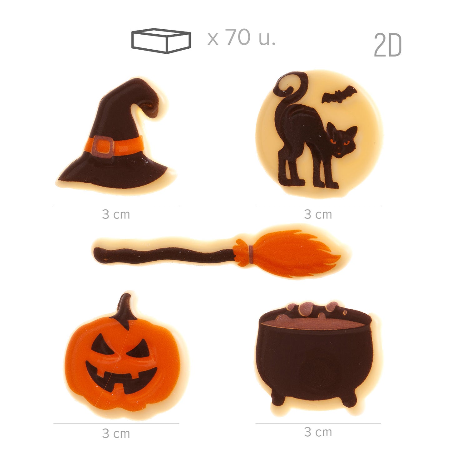 SURTIDO HALLOWEEN ESCOBA, CALABAZA, GATO -35MM - 70 UDS