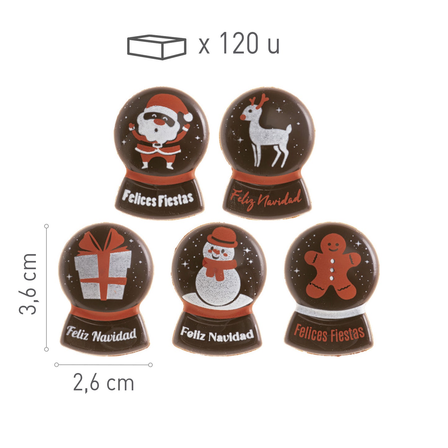 DECORACION CHOCO NEGRO SURTIDO BOLA NIEVE 5 MODELOS 120 UDS
