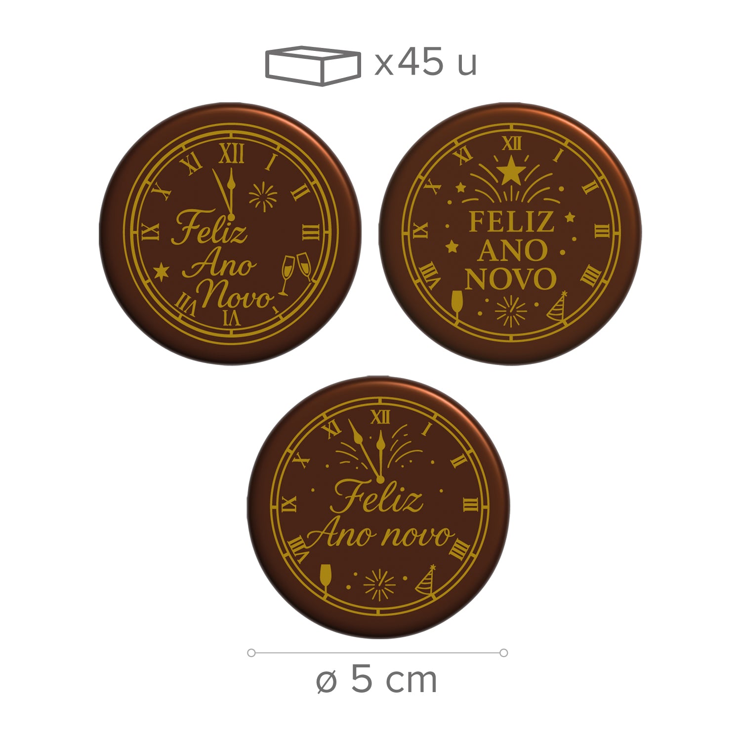  ASSORTED CHOCO NEGRO FELIZ ANO NOVO Ø5CM - 45 UNITS