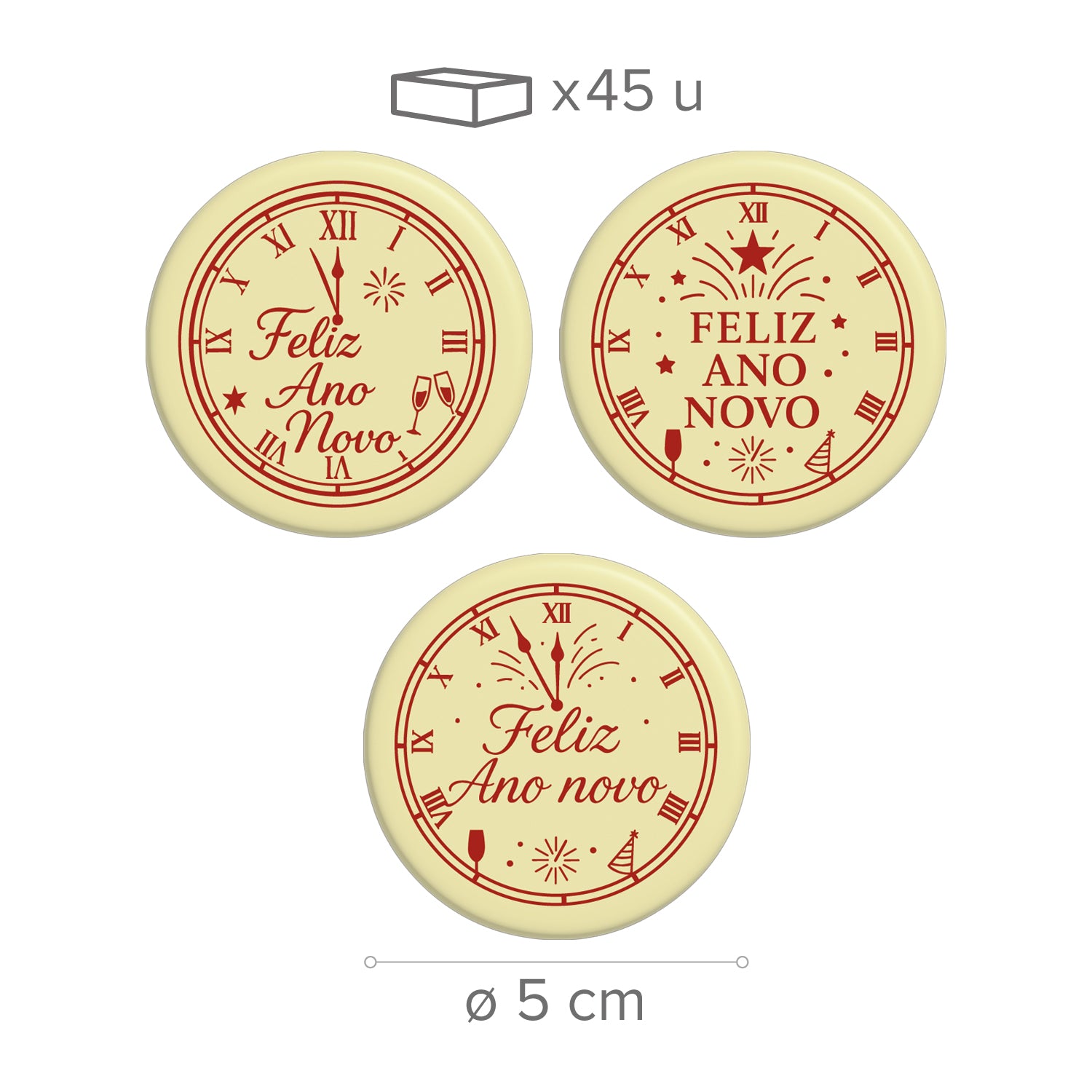ASSORTED WHITE CHOCOLATE FELIZ ANO NOVO Ø5CM - 45 UNITS