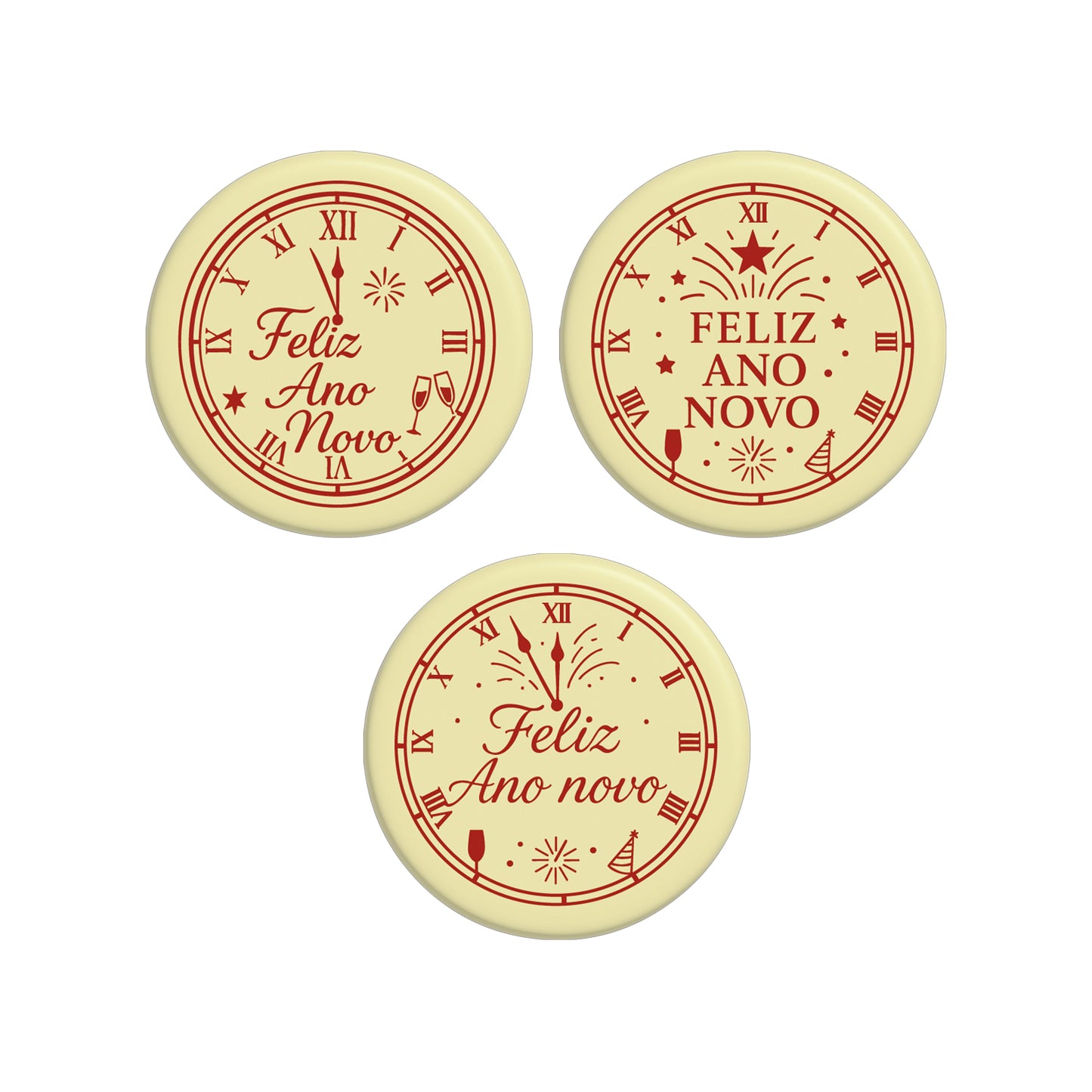 ASSORTIMENT DE CHOCOLAT BLANC FELIZ ANO NOVO Ø5CM - 45 UNITÉ