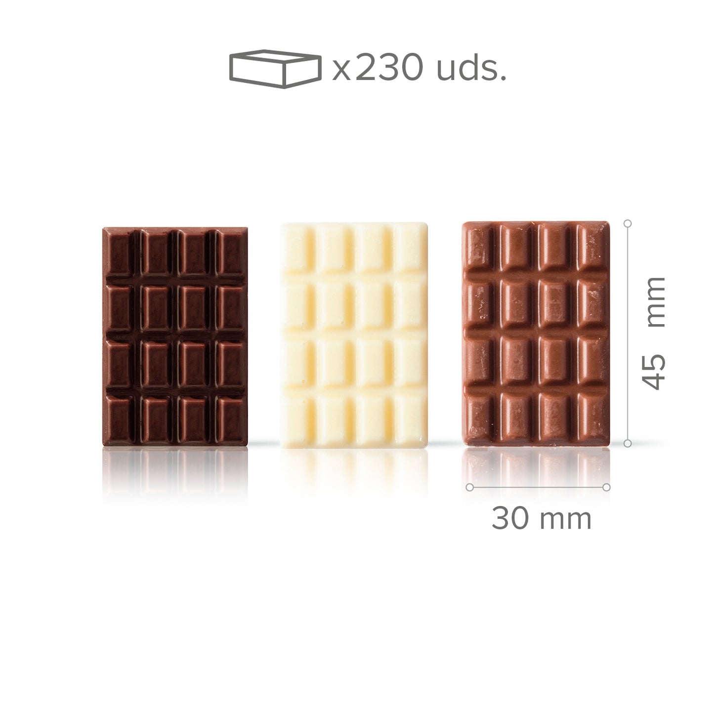  THREE CHOCOLATES CHOCOLATE BARS 30X45 MM - 230 UNITS