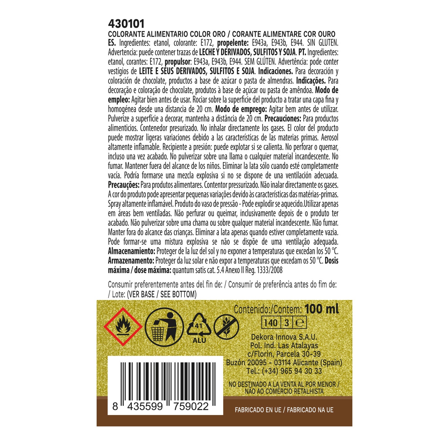 SPRAY COMESTÍVEL OURO EFEITO PÉROLA 100ML E171 FREE