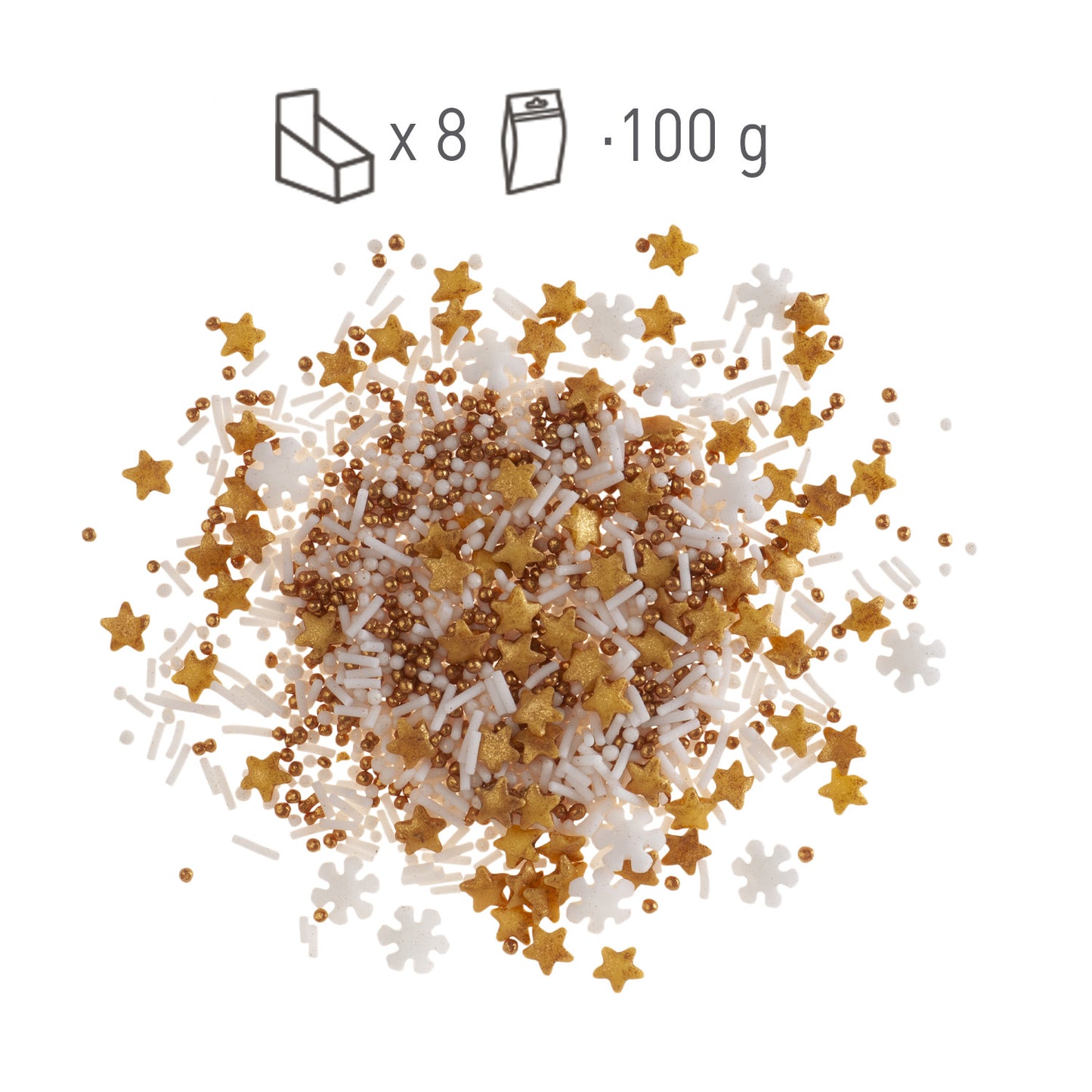 SPRINKLE MÉLANGE DE FLOCONS DE NEIGE ET D'ÉTOILES BLANC ET OR 100GR