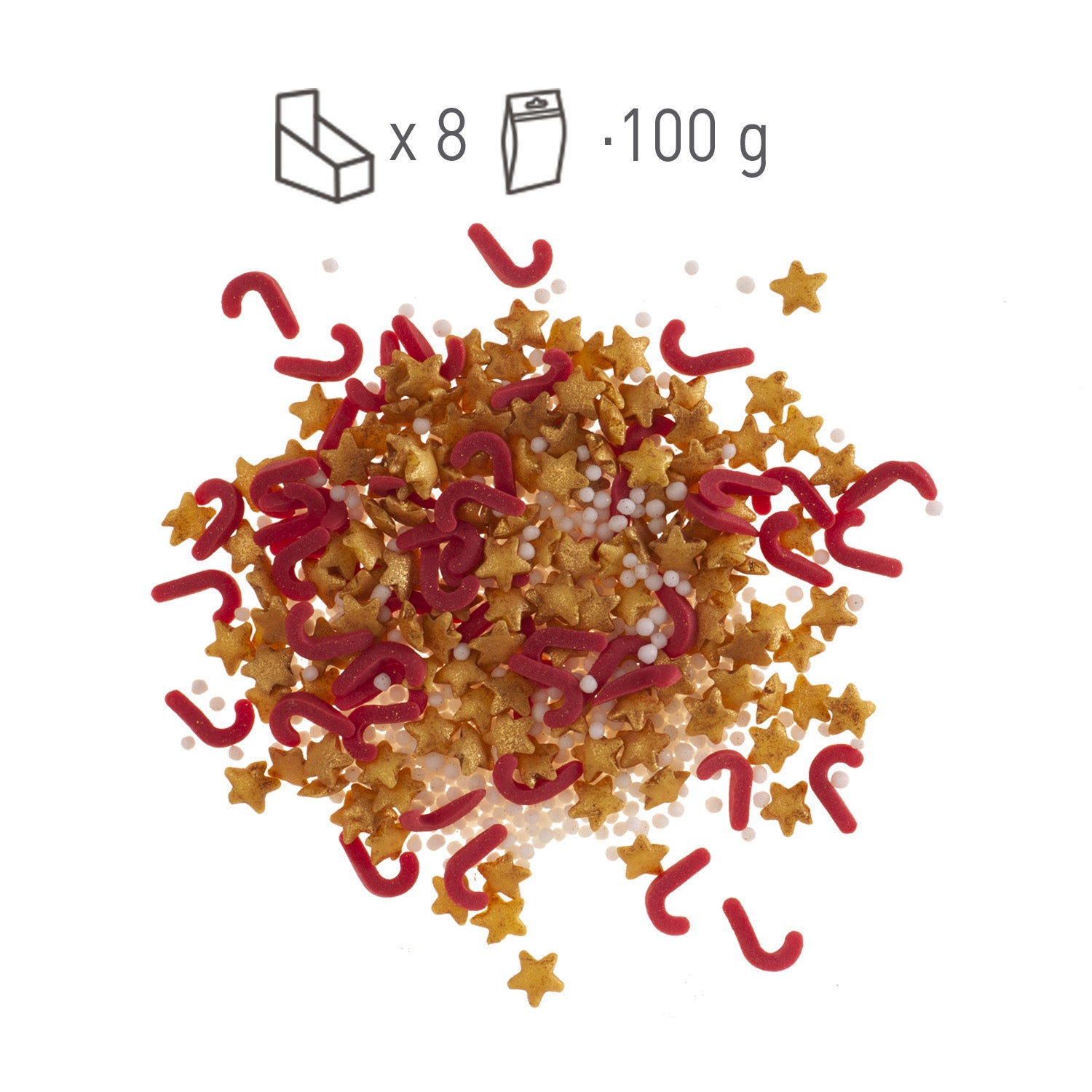 SPRINKLE MÉLANGE DE CONFETTIS ÉTOILES DORÉES ET BÂTONNETS ROUGES 100G