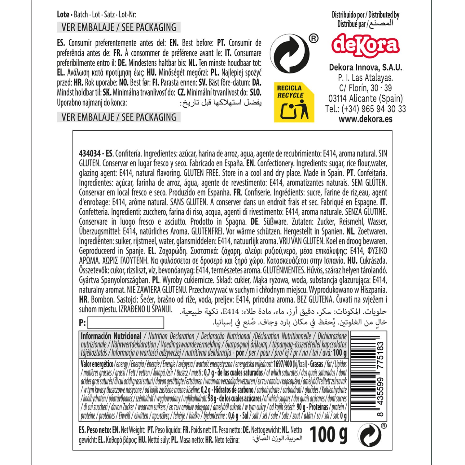 DECORACIÓN DE AZÚCAR DEKOCRUNCHIES SABOR COCO 100G