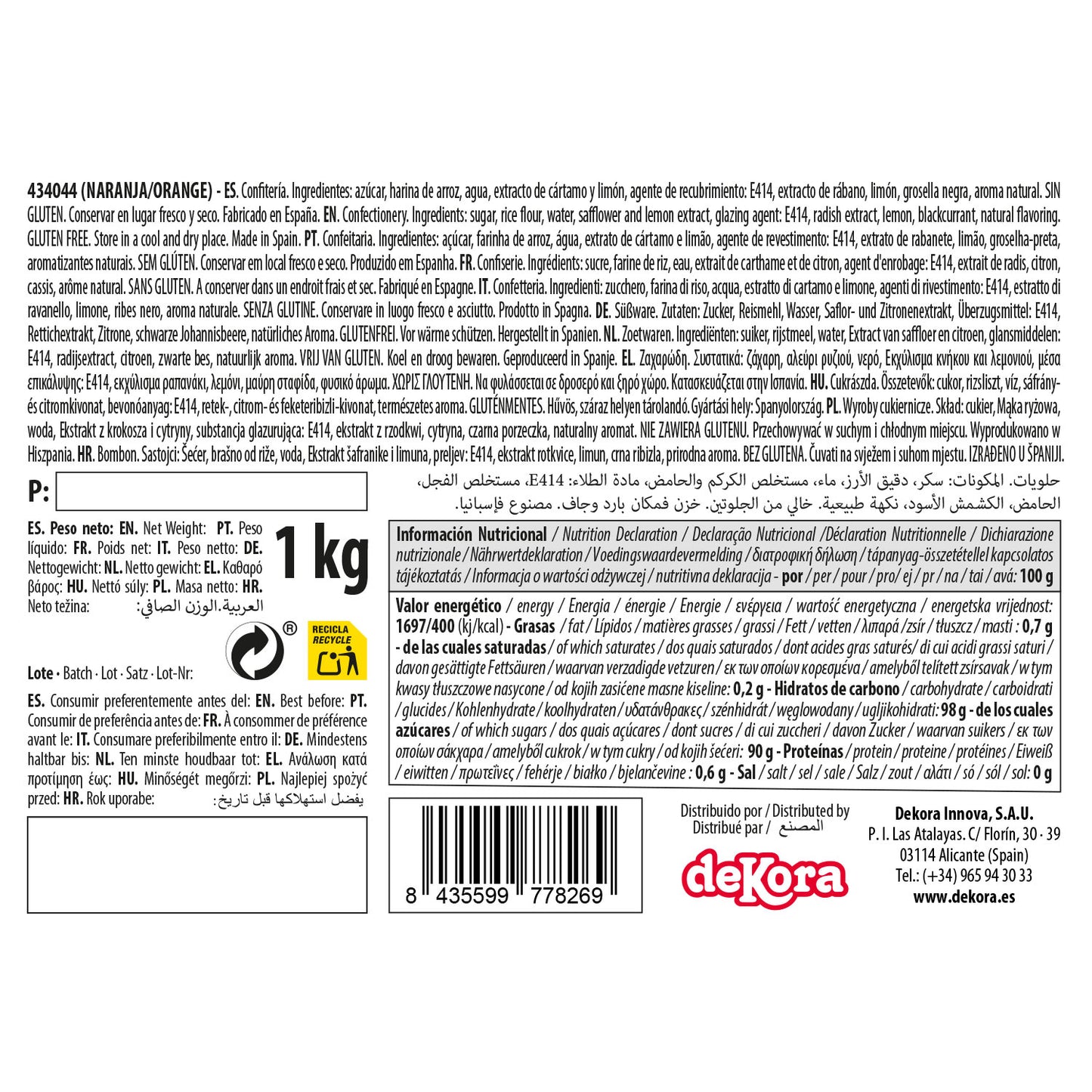 DEKOCRUNCHIES SABOR A LARANJA 1KG