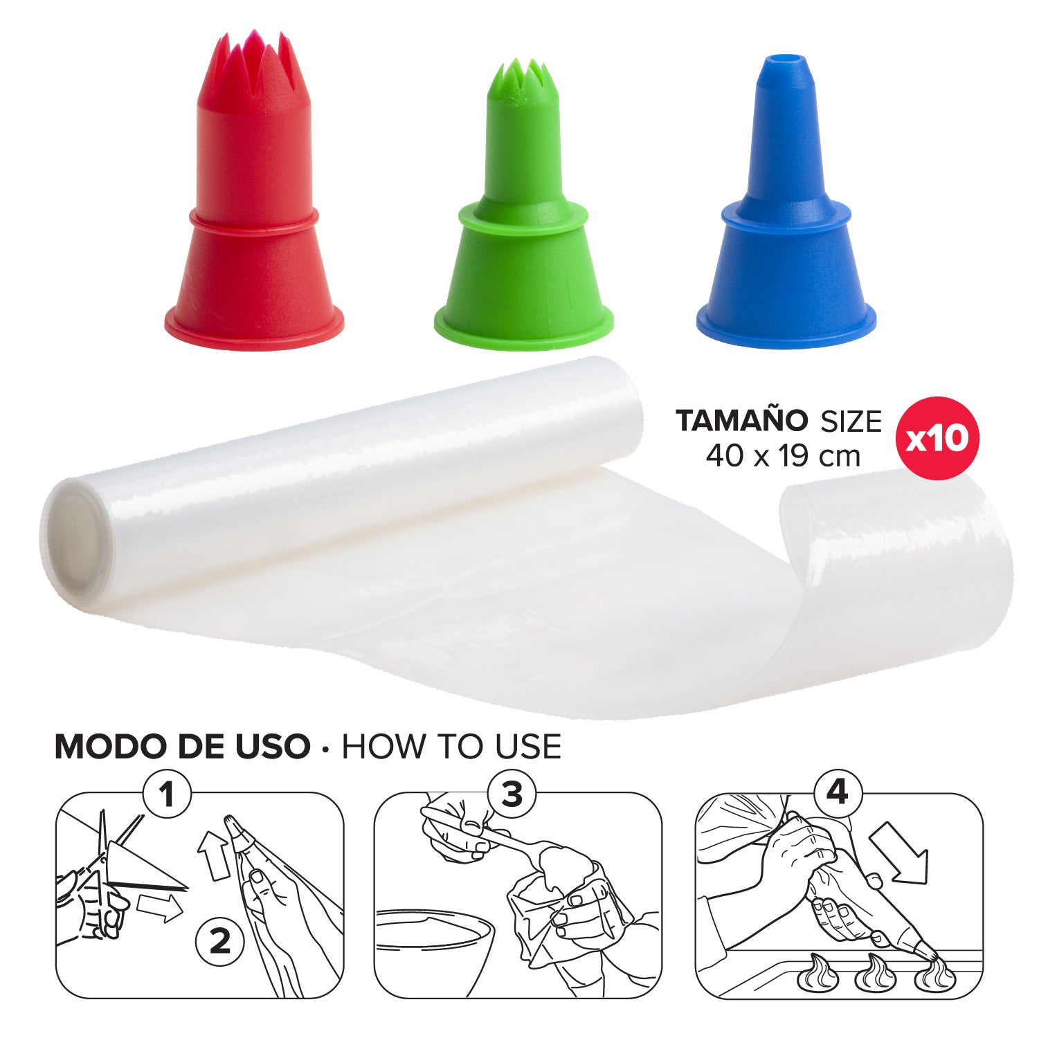 KIT DE DÉCORATION 10 SACS-3 DOUILLE RÉUTILISABLES ASSORTIES