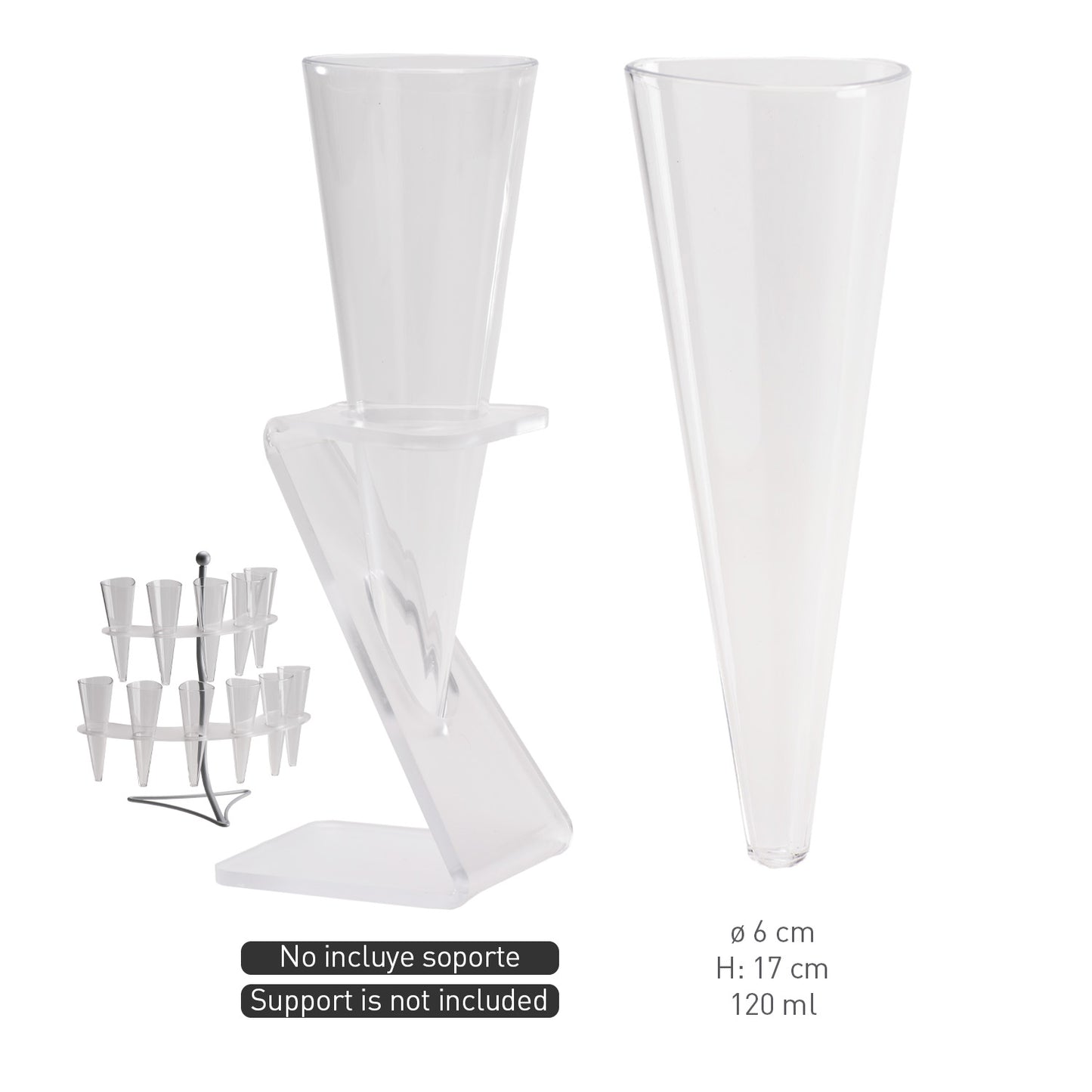SET 20 TRANSPARENT PLASTC CONES Ø6CM H17CM 120ML