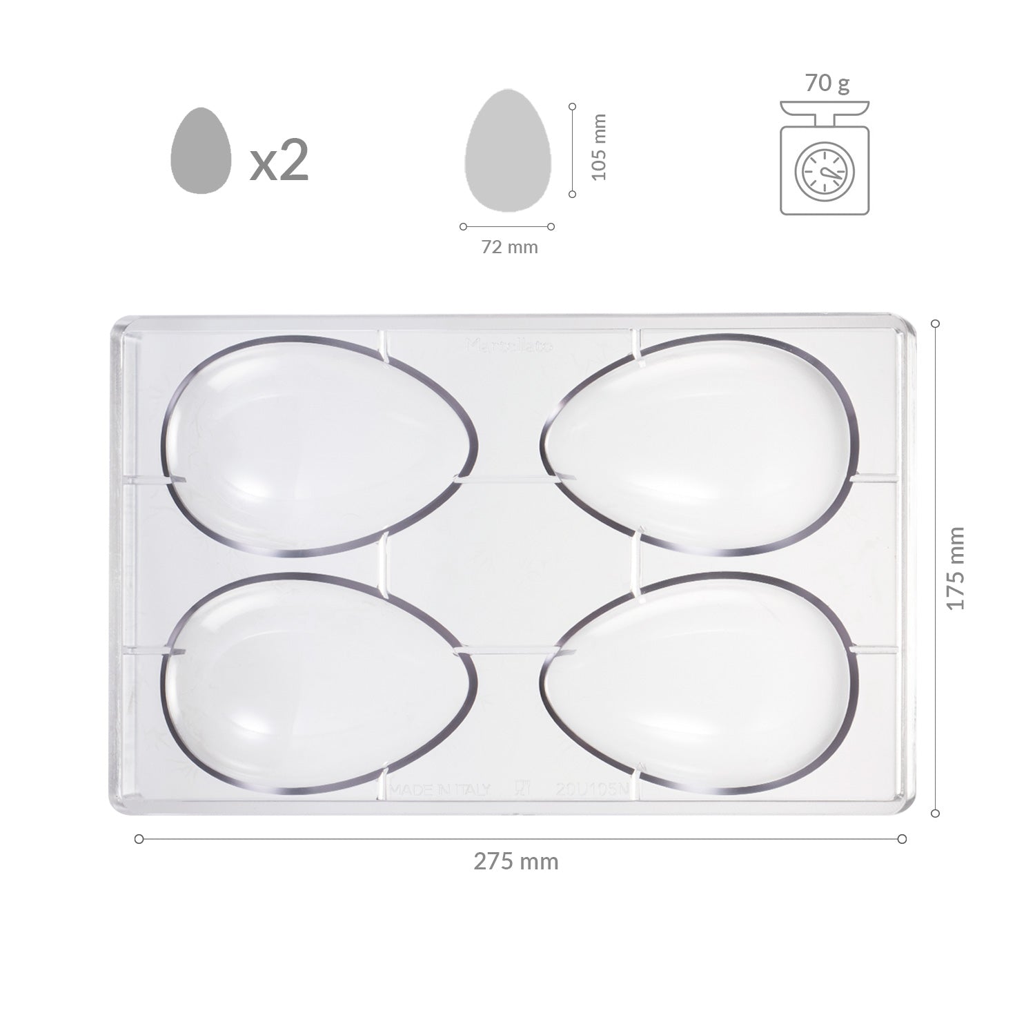 MOULE POLYCARBONATE POUR 2 OEUFS 70GR 72X105MM | 4 MOITIÉS