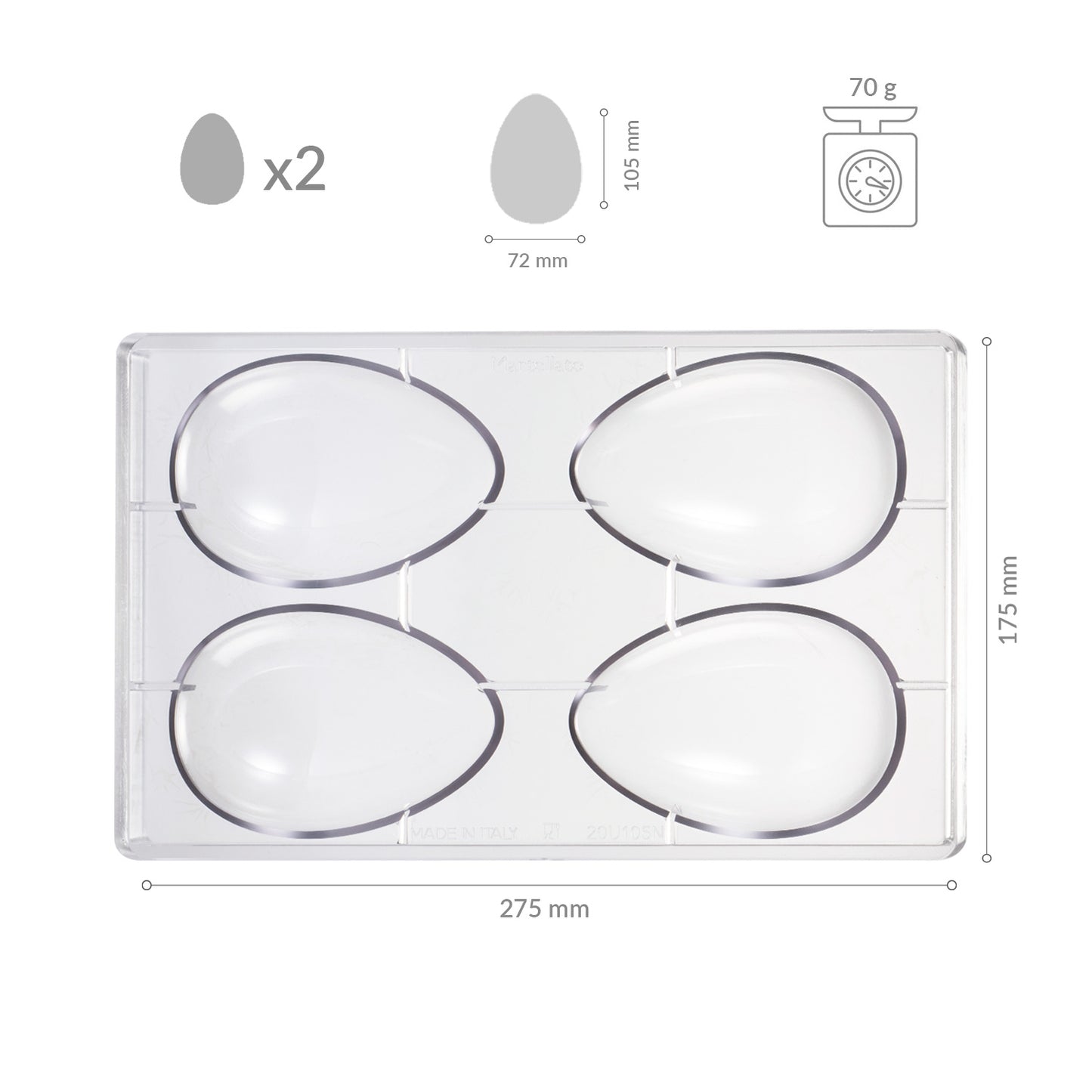 FORMA DE POLICARBONATO PARA 2 OVOS 70GR 72X105MM | 4 METADES