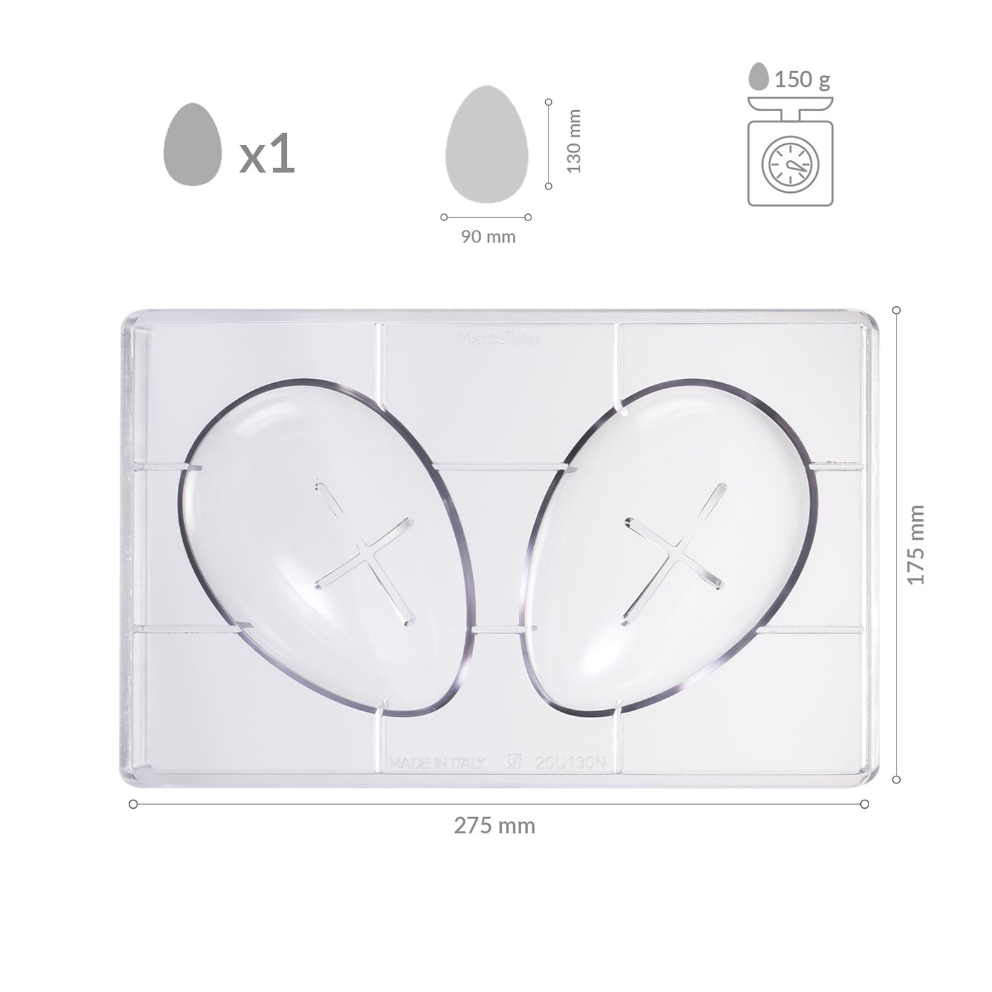 POLYCARBONATE MOLD FOR 1 EGG 150GR 90X130MM | 2 HALVES