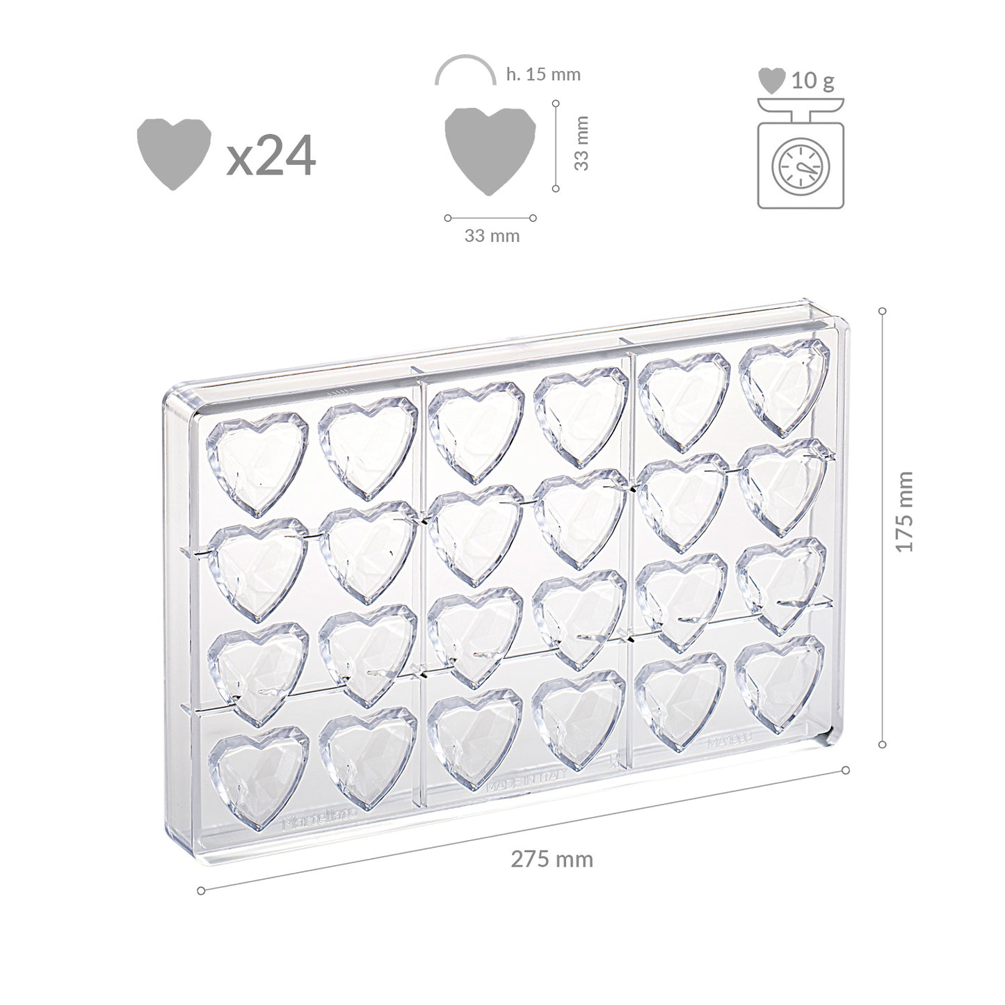 FORMA POLICARBONATO CORAÇÃO DIAMANTE 33X33H15MM | 24 PCS
