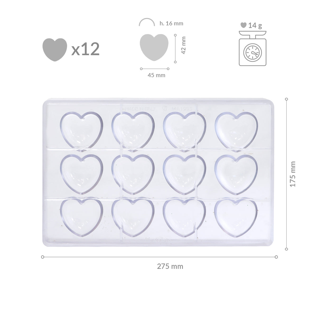 MOLDE POLICARBONATO CORAZÓN 45X42H16MM | 12 PIEZAS
