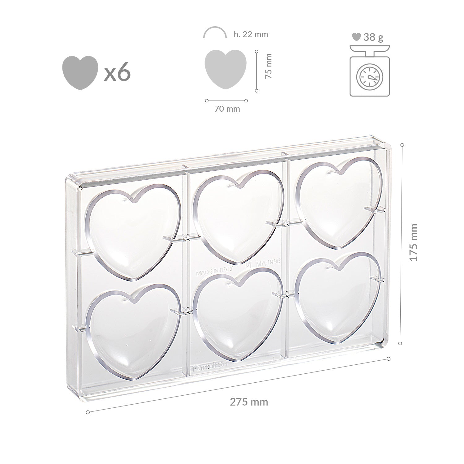 MOLDE POLICARBONATO CORAZÓN GRANDE 75X70H22MM | 6PIEZAS