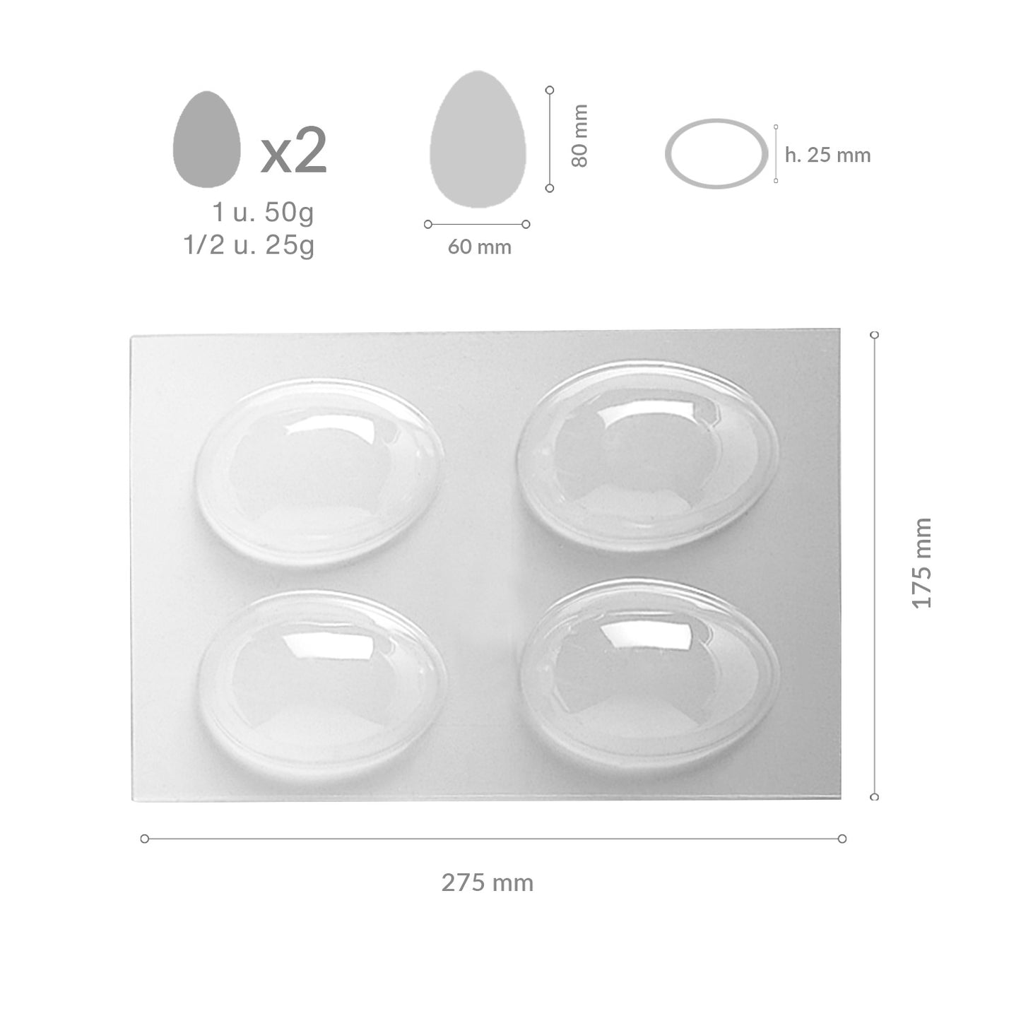 2 EGGS THERMOFORMED PLASTIC MOLD 80X60H25MM | 4PCS