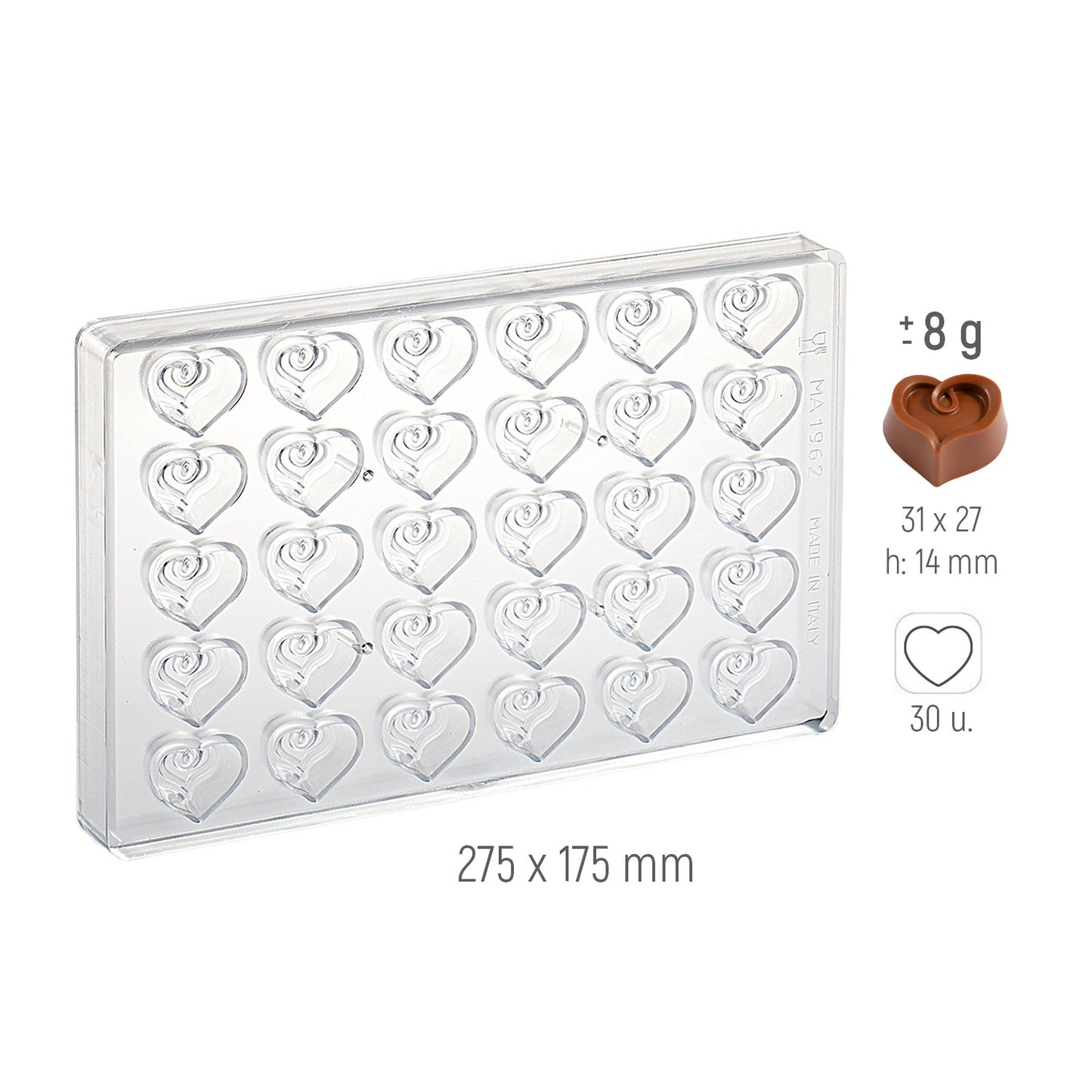 POLYCARBONATE PRALINE HEART CURL MOULD 31X27XH14MM | 30U