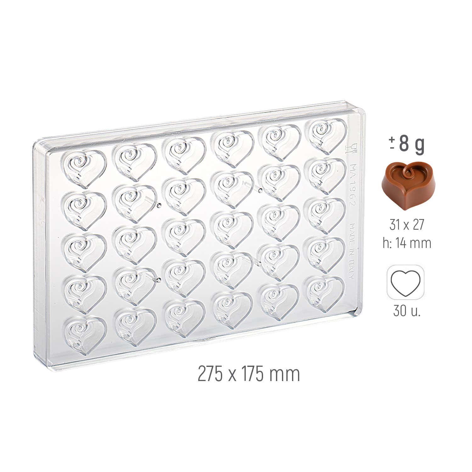 MOLDE POLICARBONATO PRALINÉ CORAÇÕES 31X27XH14MM | 30U