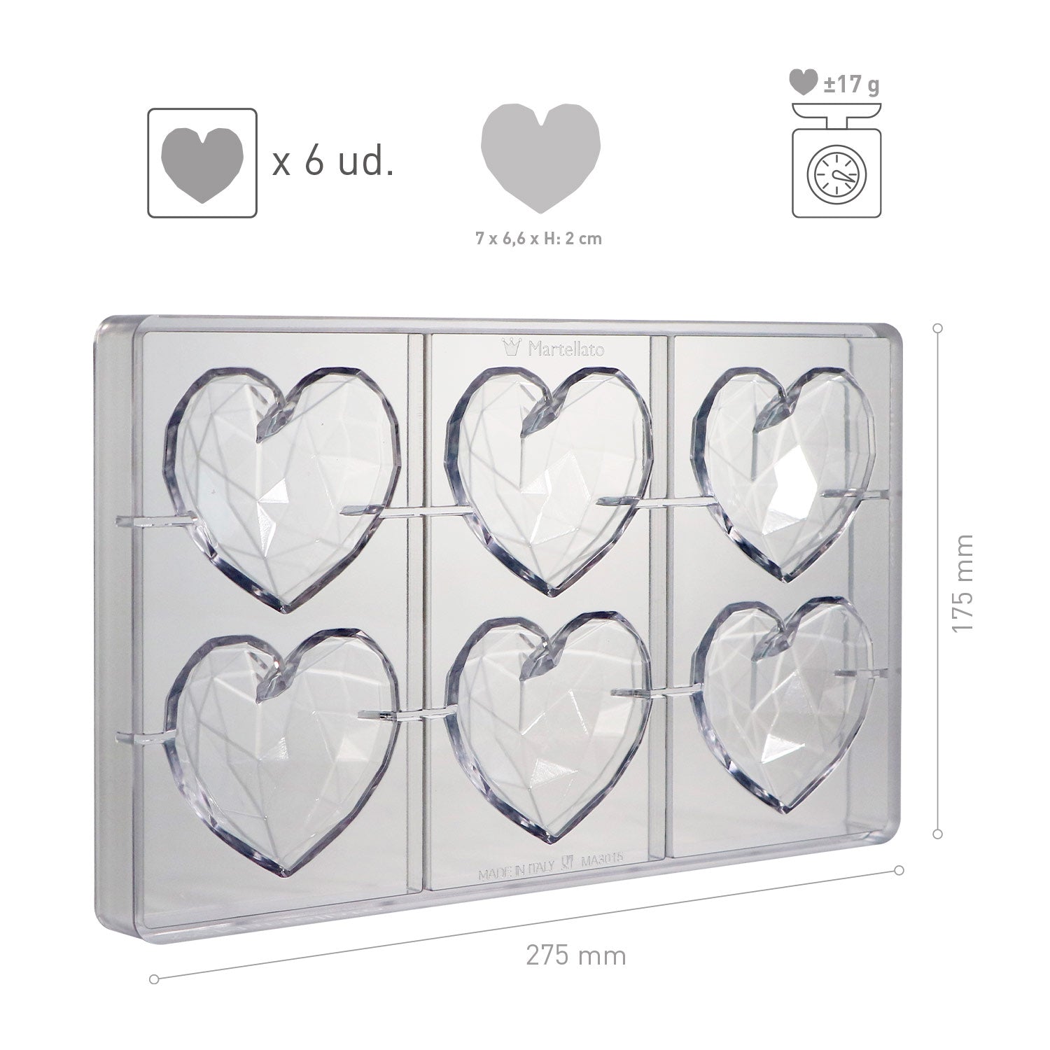 MOLDE POLICARBONATO CORAÇÃO DIAMANTE 70 X 66 H 20 MM | 6 U