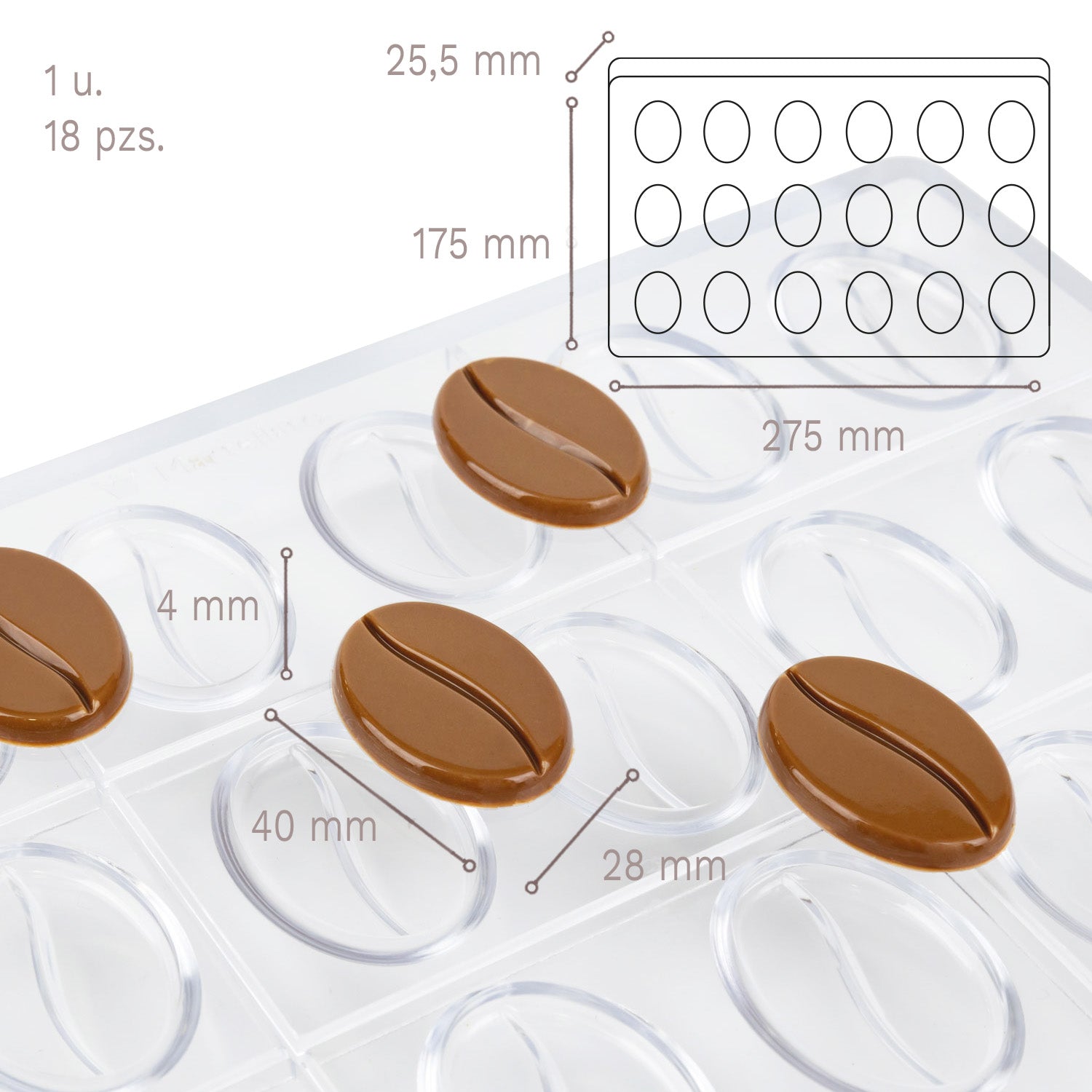  FLAT COFFEE GRAIN POLYCARBONATE MOULD 275X175X25.5MM-18 PCS