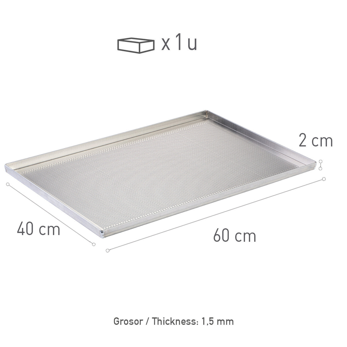 PERFORATED ALUMINIUM TRAY 60X40H2CM - 4 EDGES 1.5MM THICK