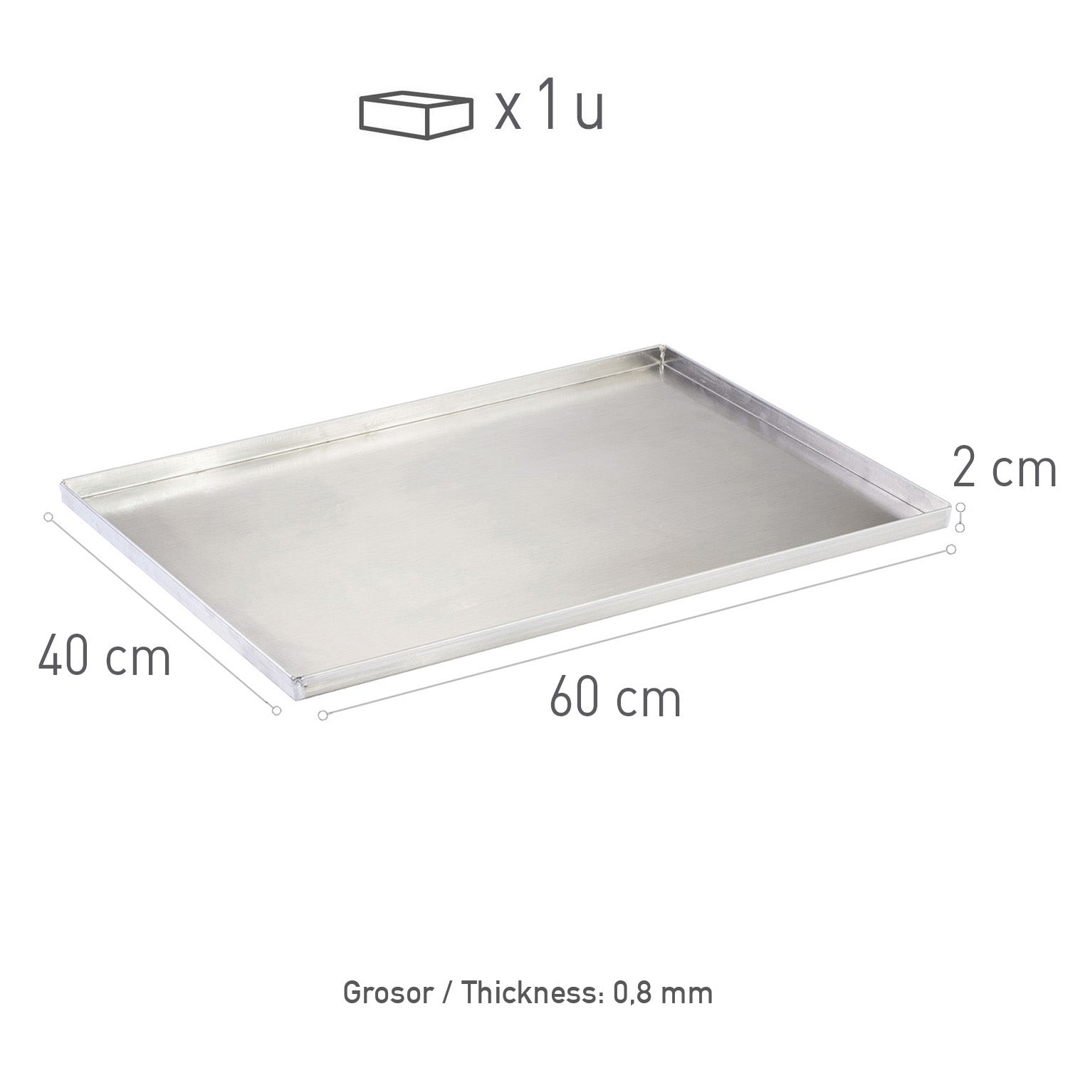 PLATEAU ALUMINIUM 60X40H2CM - 4 BORDS ÉPAISSEUR 0.8MM
