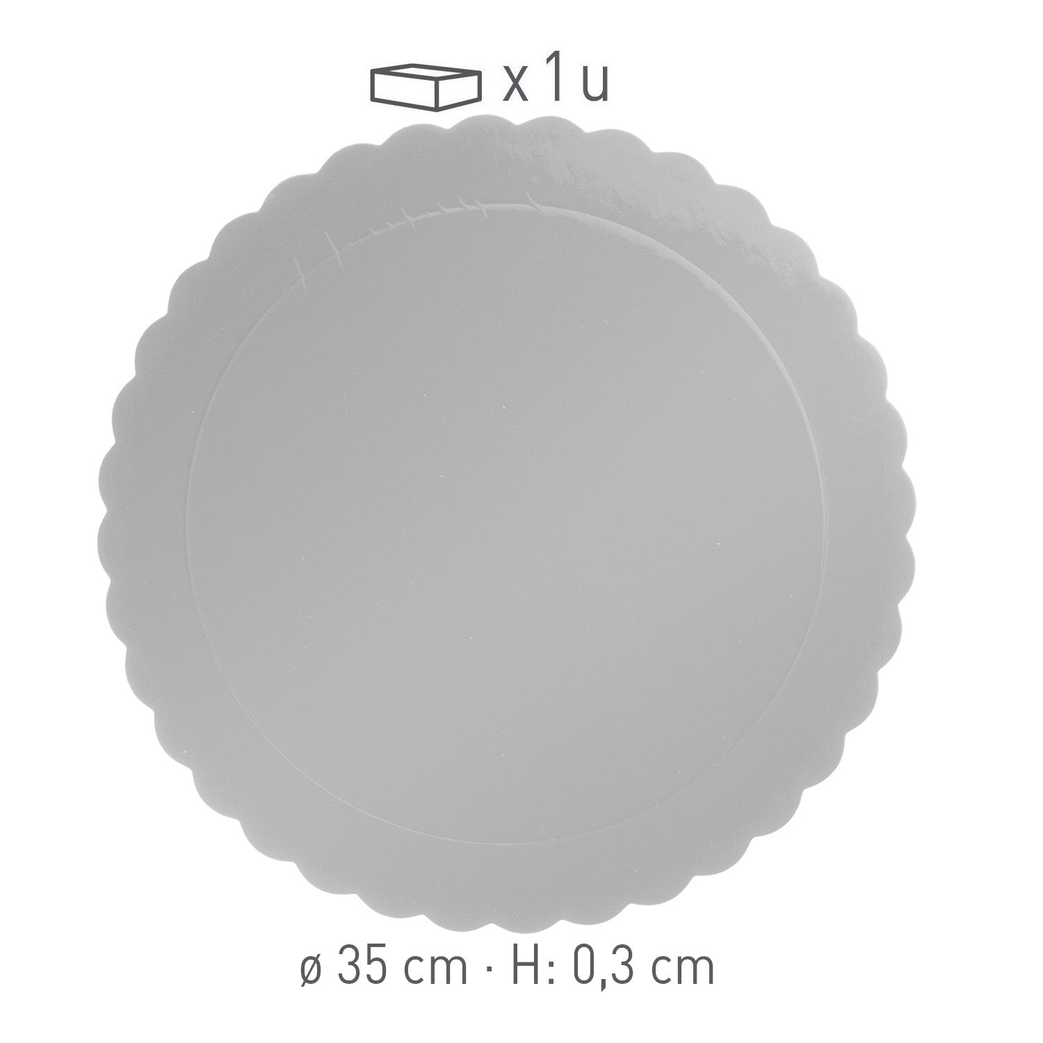 ROUND CAKE BOARD SCALLOPED SILVER 3MM 35CM